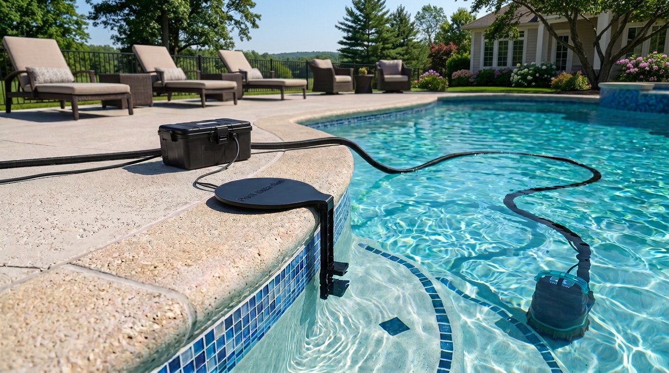 Pool Guardian controller on the deck of a backyard swimming pool, its sensor bracket mounted on the tiled coping and the drain pump resting on the pool floor