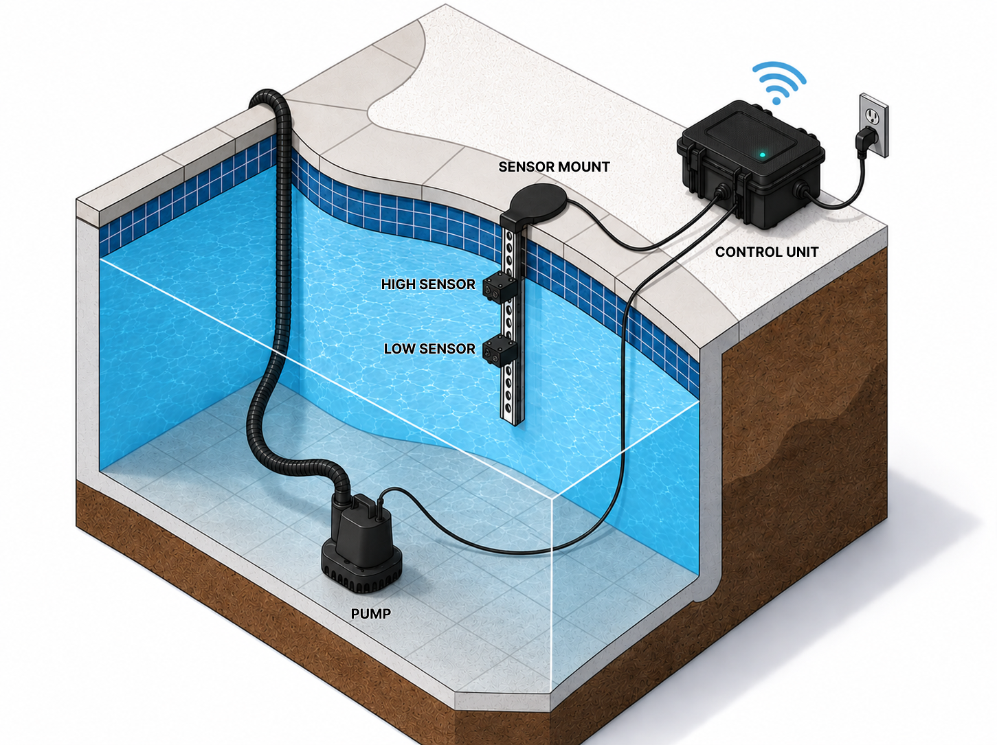 Cutaway diagram of a winterized in-ground pool showing the Pool Guardian control unit plugged in above the coping, the high and low water-level sensors on the sensor mount, and the sump pump at the bottom of the pool